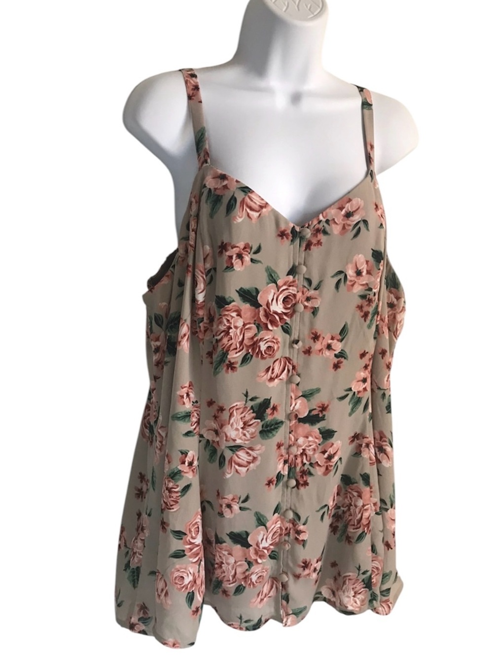🔴 4/$15 Torrid Women’s 2X Taupe & Pink Floral Smocked Adjustable Tank Top EUC - Picture 8 of 16